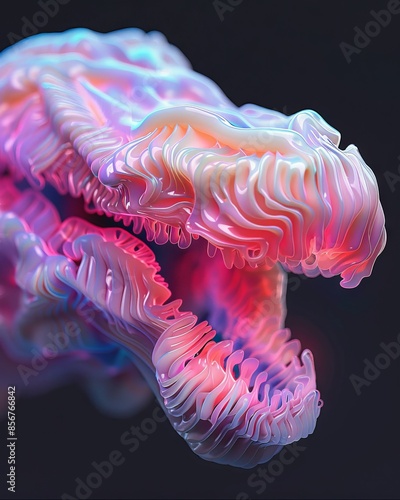A close-up shot of a digital creatures jaw, rendered in a vibrant pink, blue, and purple color palette, creating a surreal and otherworldly effect