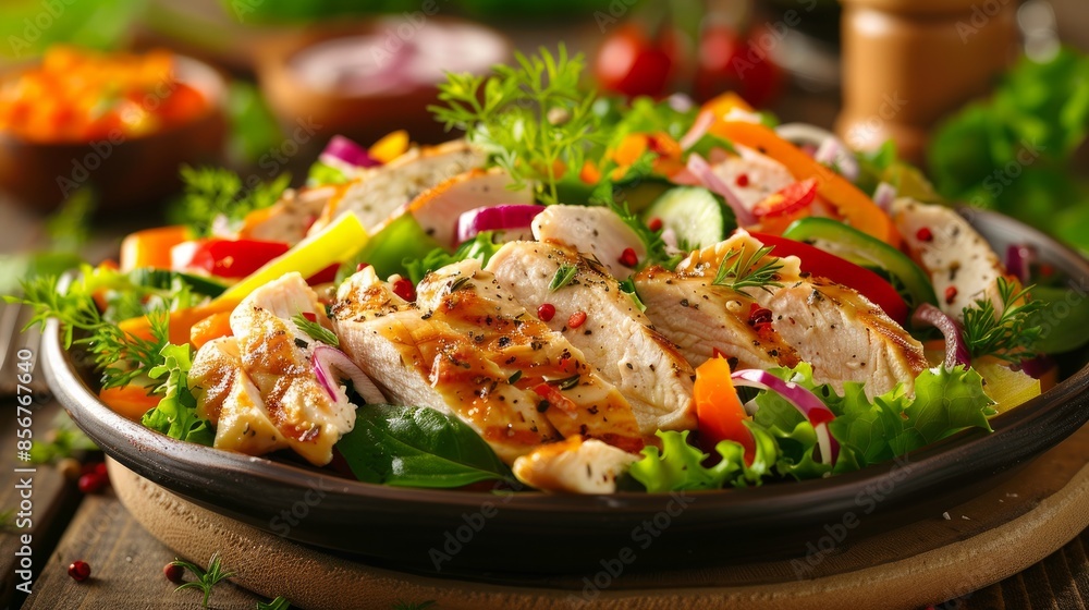 Chicken salad, adorned with crisp vegetables, entices on a wooden table. Chicken salad, adorned with crisp vegetables, entices on a wooden table.