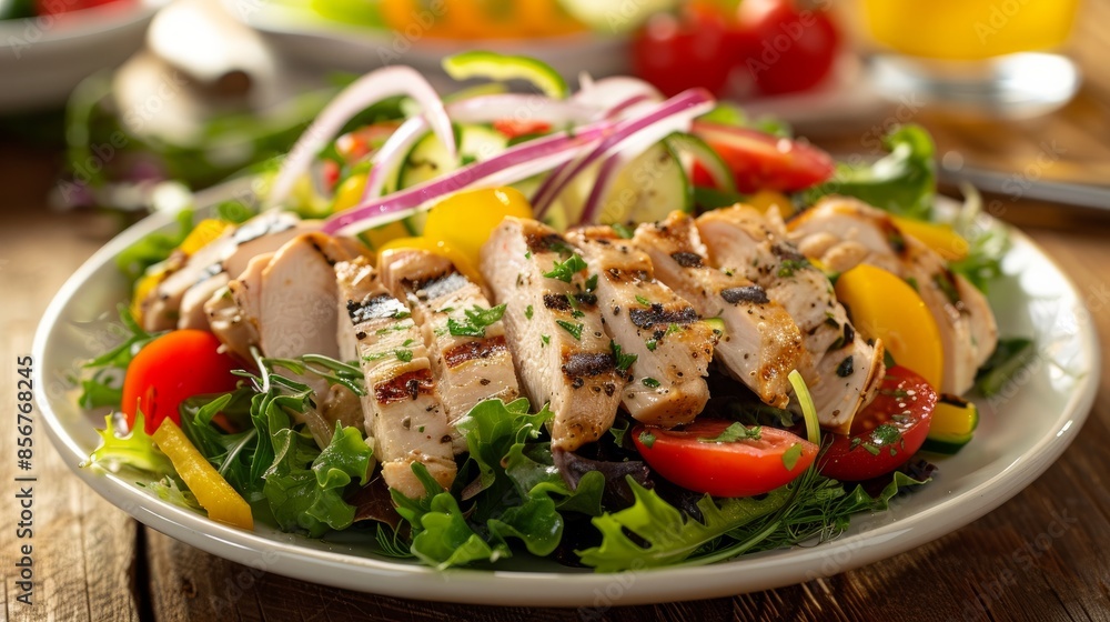 Chicken salad, adorned with crisp vegetables, entices on a wooden table. Chicken salad, adorned with crisp vegetables, entices on a wooden table.