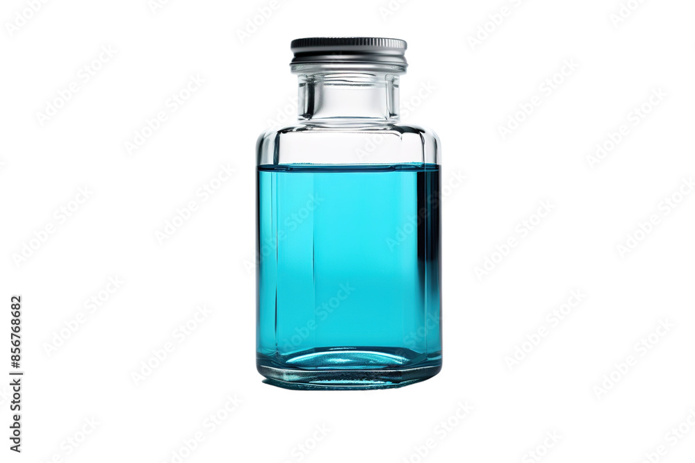 A Glass Bottle Filled With Tranquil Blue Liquid Against A Pristine White Background on a Clear PNG or White Background. A Glass Bottle Filled With Tranquil Blue Liquid Against A Pristine White Background on a Clear PNG or White Background.