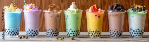 Assortment of colorful boba tea drinks with various toppings.