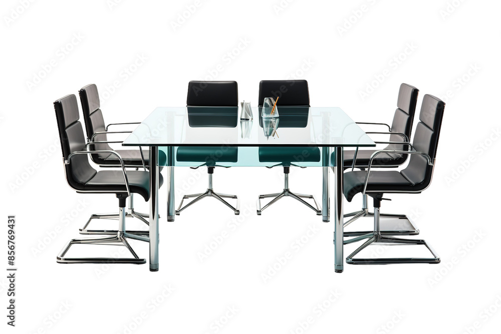 Obraz premium A Modern Glass Conference Table With Black Leather Chairs Set for a Meeting on a Clear PNG or White Background.