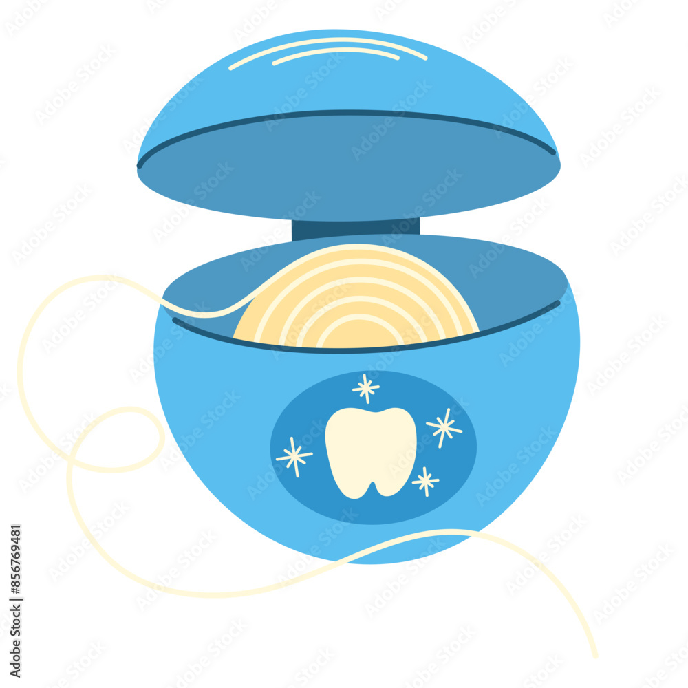 Fototapeta premium Packaging of dental floss for interdental cleaning. Medical thread, string for brushing teeth. Tool for mouth health care, oral hygiene. Flat isolated vector illustration on white background