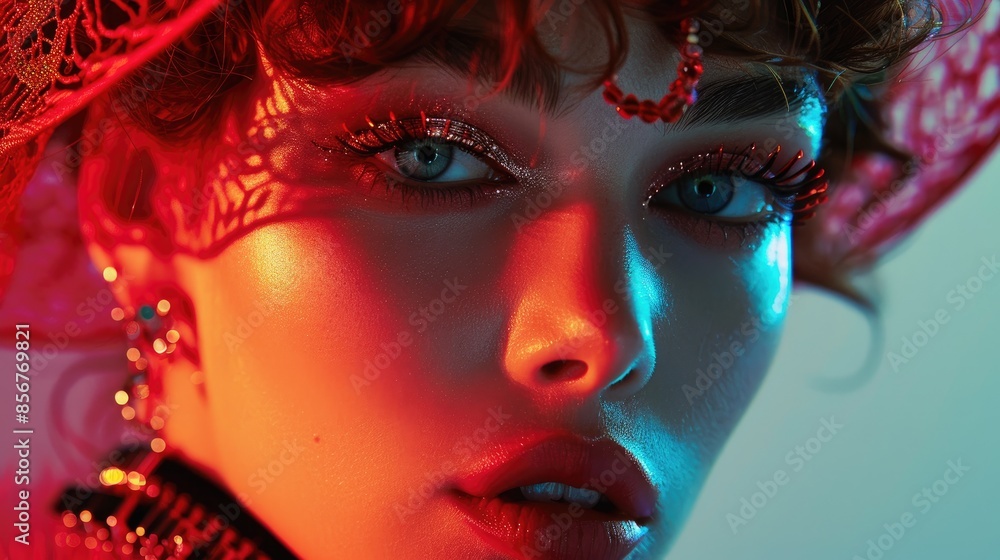 Close up of a model with artistic red and blue lighting, glamorous makeup, and a lace headpiece, showcasing unique fashion and beauty. Close up of a model with artistic red and blue lighting, glamorous makeup, and a lace headpiece, showcasing unique fashion and beauty.