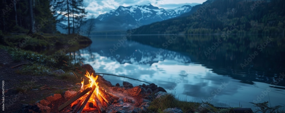 Naklejka premium Campfire by the lake in the evening with mountain view, tranquil outdoor camping atmosphere
