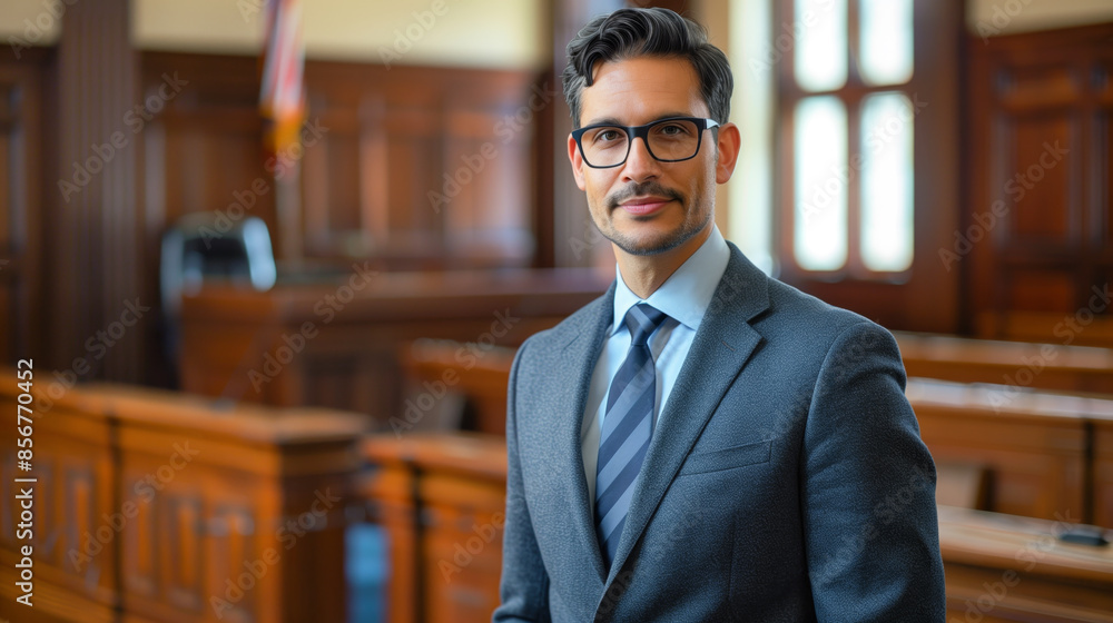 Fototapeta premium Lawyer in a courtroom, wearing a suit and tie, with courtroom benches in the background