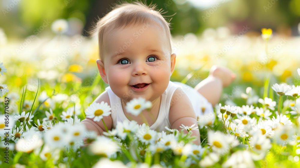 Happy baby lying on its stomach in a field of white daisies, wearing a white sleeveless outfit, with a bright, sunny background, summer Happy baby lying on its stomach in a field of white daisies, wearing a white sleeveless outfit, with a bright, sunny background, summer