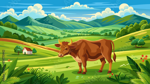 A brown cow grazing in a lush green meadow with rolling hills and a cloudy blue sky in the background