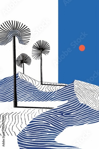 A simple illustration of three palm trees against a blue sky with a red sun, set against a background of striped white and blue dunes