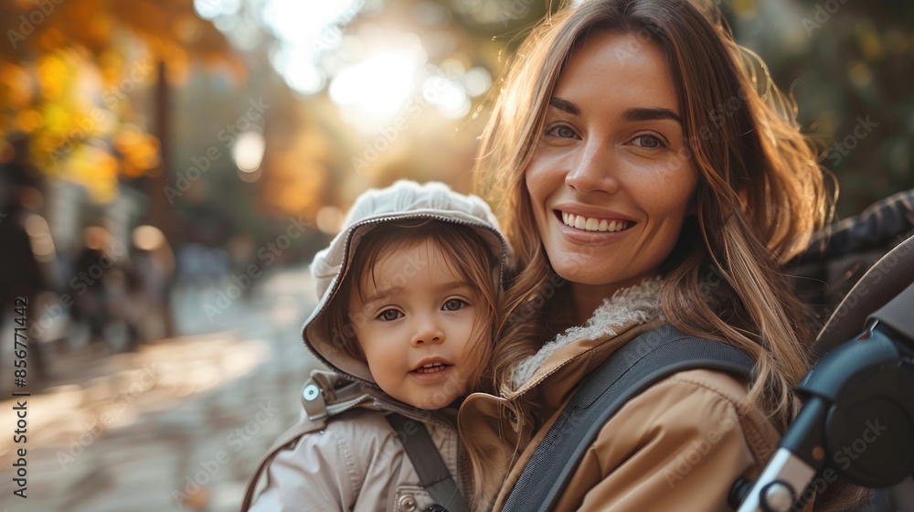 Smiling Mother Carrying Her Little Daughter In A Baby Carrier