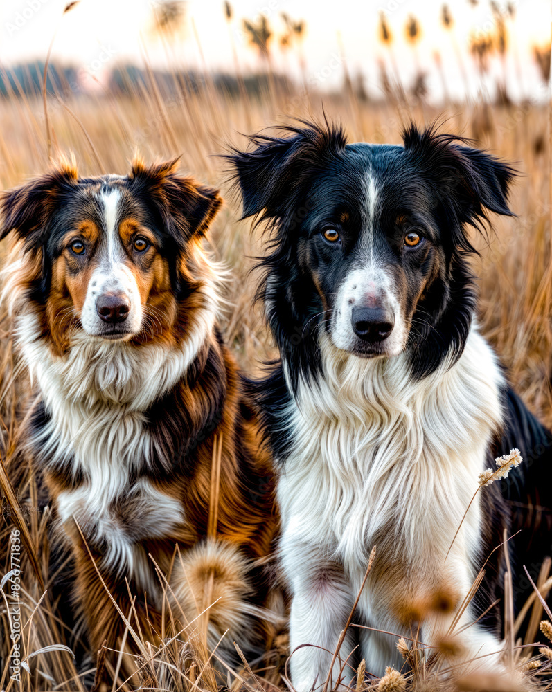 Fototapeta premium Two brown and white dogs sitting in field of tall grass and dry grass.