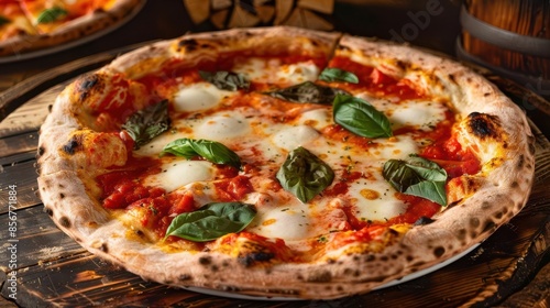 Closeup of a delicious margherita pizza with fresh basil.