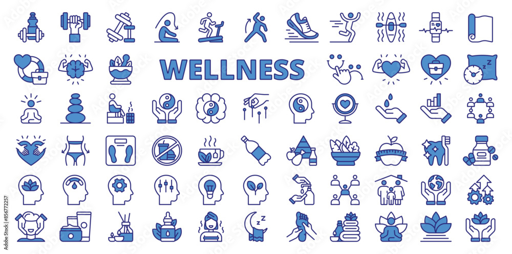 Wellness, in line design, blue. Wellness, health, relaxation, mindfulness, meditation, yoga, fitness on white background vector. Wellness editable stroke icons. Wellness, in line design, blue. Wellness, health, relaxation, mindfulness, meditation, yoga, fitness on white background vector. Wellness editable stroke icons.