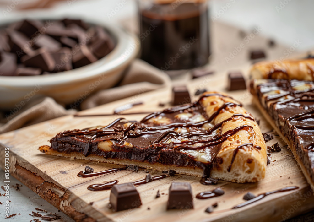 one slice of of Sweet Brazilian pizza with a lot of chocolate on the table one slice of of Sweet Brazilian pizza with a lot of chocolate on the table
