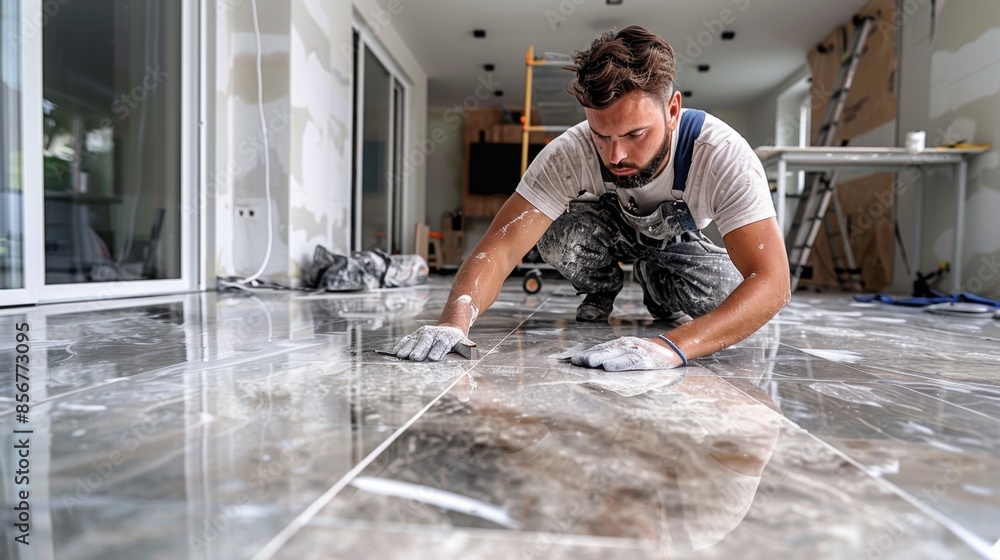 master tiler in uniform lays ceramic tiles on the floor in the apartment. finishing work in the house, floor renovation master tiler in uniform lays ceramic tiles on the floor in the apartment. finishing work in the house, floor renovation