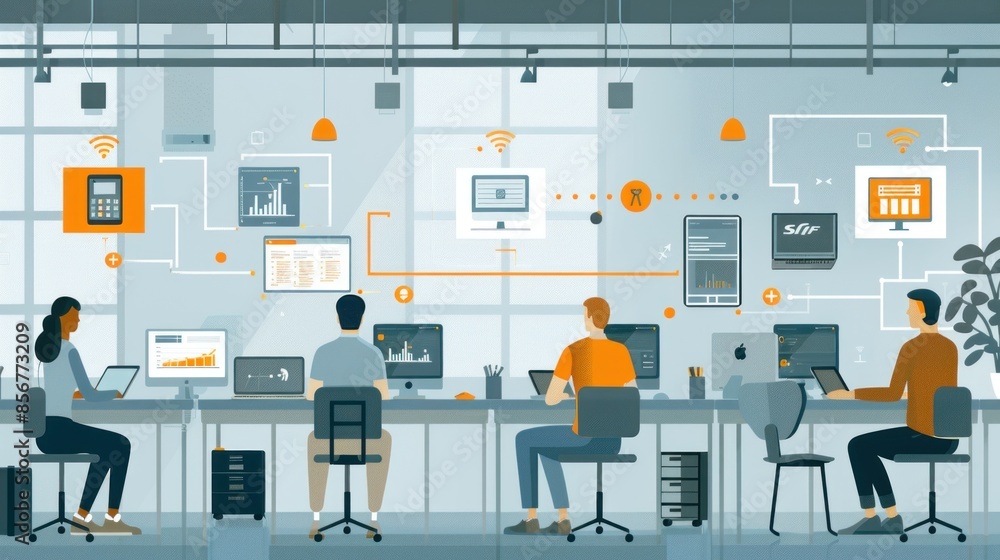 A group of people are working in an office with a lot of technology A group of people are working in an office with a lot of technology