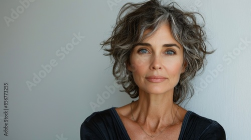 portrait of a beautiful mature Caucasian woman with well-groomed skin looking at the camera. studio shooting white background. copyspace
