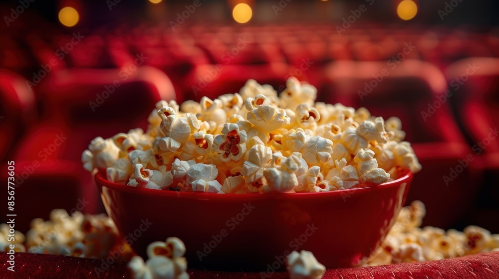 Popcorn in Red Bowl in a Movie Theater Popcorn in Red Bowl in a Movie Theater