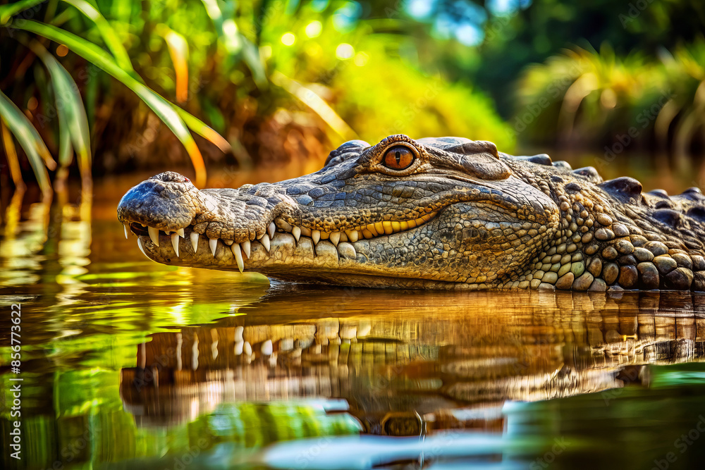 Crocodile in water during daytime with a detailed view of its head and teeth, showcasing the wild reptile in its natural habitat.