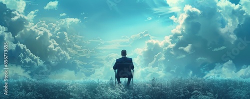 businessperson sitting on a floating chair in an abstract landscape