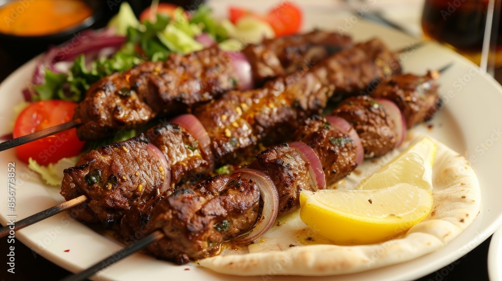 Enjoy this mouthwatering plate of Arabic Meat Kabab with saffron. It has onion, tomato, pita bread, lemon, and salad Enjoy this mouthwatering plate of Arabic Meat Kabab with saffron. It has onion, tomato, pita bread, lemon, and salad