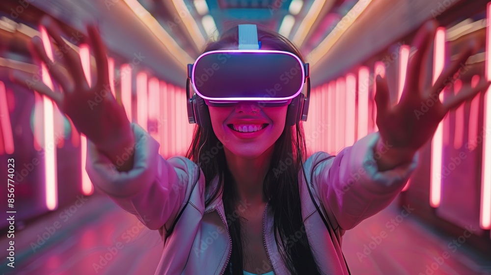 Woman in VR Headset Reaches Out in Neon Lit Corridor Woman in VR Headset Reaches Out in Neon Lit Corridor