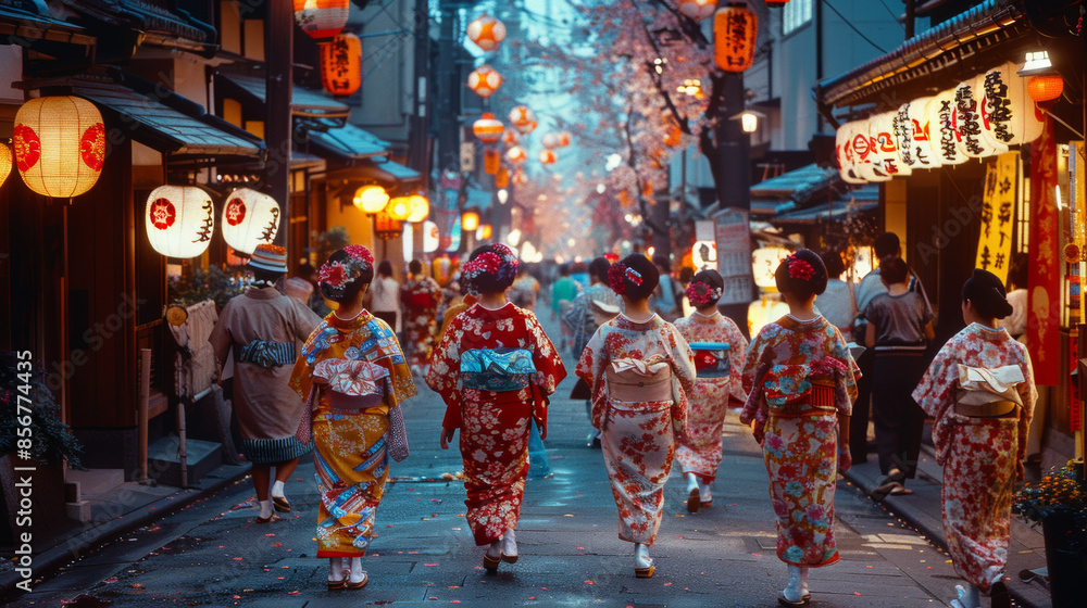 Naklejka premium Japanese girls wearing traditional yukata, smiling, surrounded by colorful lanterns and lively stalls on the street, japanese summer festival image