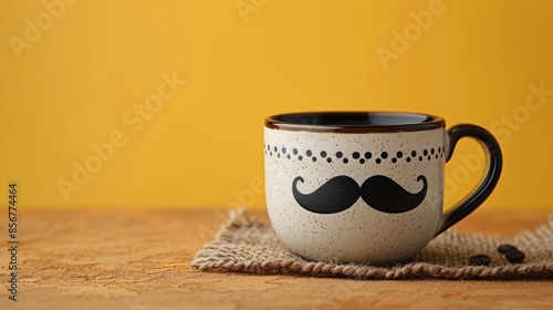 Coffee Mug with Mustache Design on a Wooden Table