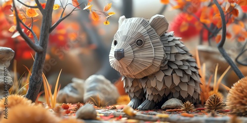 cute Wombat in autumn forest, baby animal nursery papercraft paper cut illustration	
