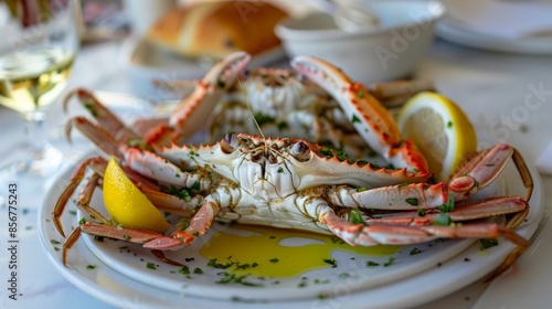 Fresh blue crabs steamed Mediterranean style with lemon, olive oil, and lemon juice drizzle on a white plate. Caught in the Italian sea. photo