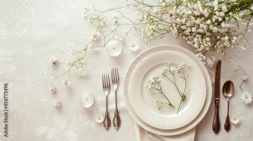 Minimalist wedding table setting with copy space for festive family dinner and home decoration