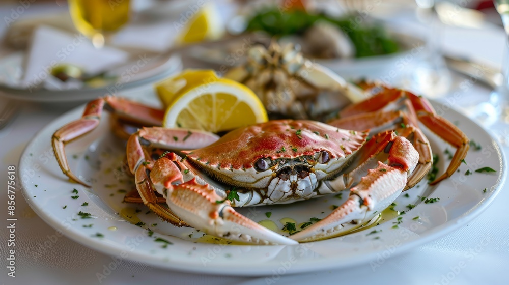 Fresh blue crabs steamed Mediterranean style with lemon, olive oil, and lemon juice drizzle on a white plate. Caught in the Italian sea. Fresh blue crabs steamed Mediterranean style with lemon, olive oil, and lemon juice drizzle on a white plate. Caught in the Italian sea.