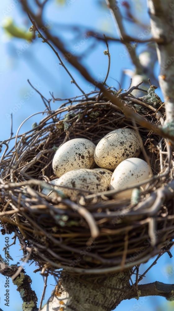 Bird's nest with speckled eggs on tree branch in springtime, nature and wildlife concept Bird's nest with speckled eggs on tree branch in springtime, nature and wildlife concept