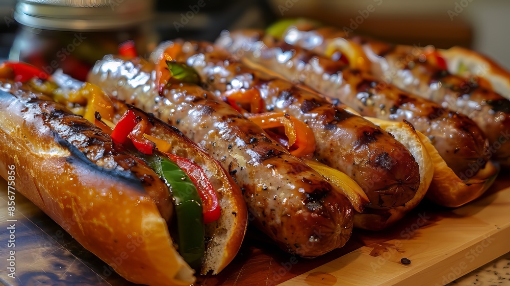 Grilled Sausages With Peppers on Buns Grilled Sausages With Peppers on Buns