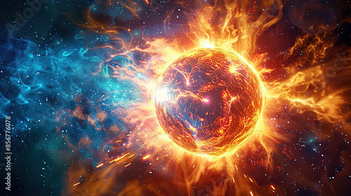 3D illustration of an orange and blue fireball with energy waves emanating from it