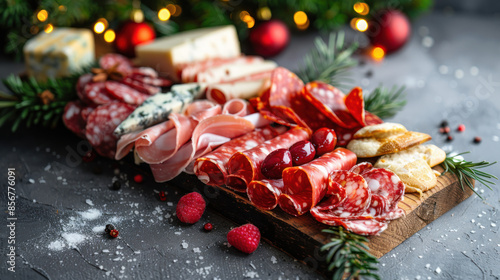 Close-up of charcuterie board with meats and cheeses on festive dinner table.