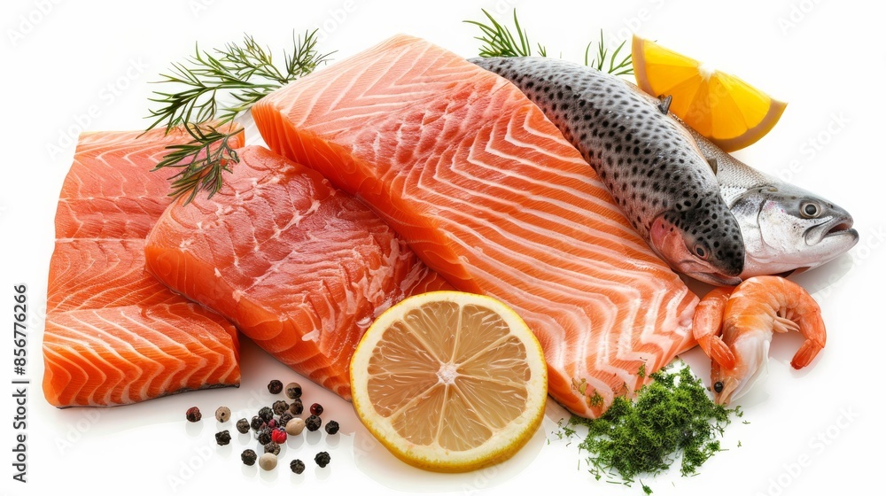 Fresh fish fillets- salmon, trout, and steak- are displayed on a white background. The images are sharp and show the full detail of the fish, including the scales, fins, and flesh Fresh fish fillets- salmon, trout, and steak- are displayed on a white background. The images are sharp and show the full detail of the fish, including the scales, fins, and flesh