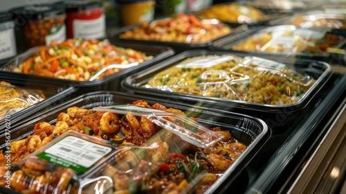Diverse selection of family friendly frozen meals and prepared dishes displayed in the freezer section of a modern supermarket or grocery store  The frozen food options provide a convenient photo