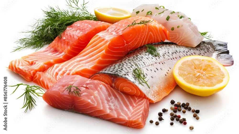 Fresh fish fillets- salmon, trout, and steak- are displayed on a white background. The images are sharp and show the full detail of the fish, including the scales, fins, and flesh Fresh fish fillets- salmon, trout, and steak- are displayed on a white background. The images are sharp and show the full detail of the fish, including the scales, fins, and flesh
