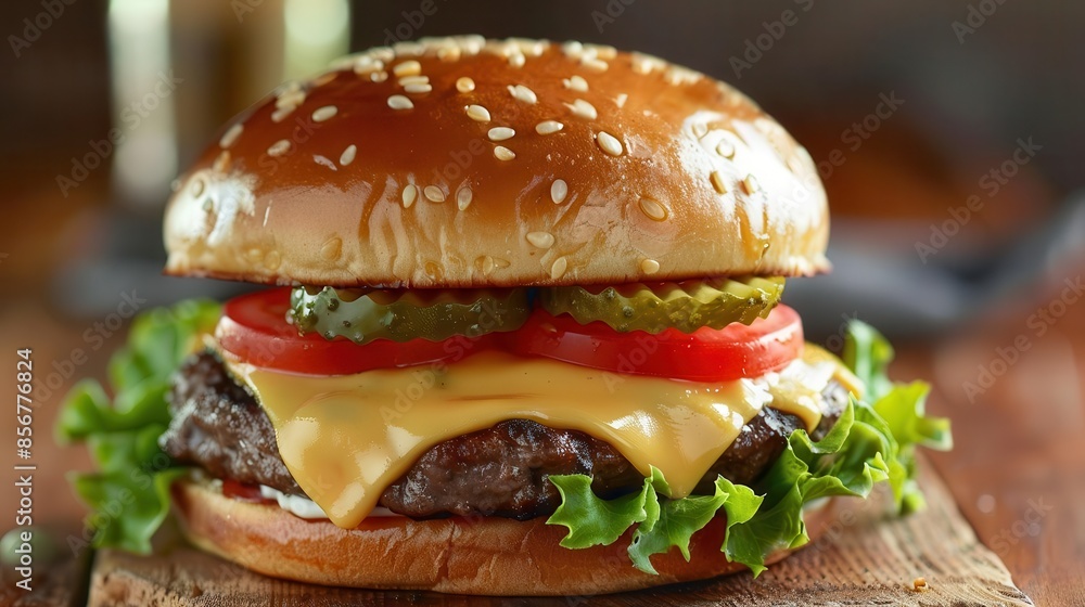 Close-up of a juicy cheeseburger with lettuce, tomato, and pickles. Close-up of a juicy cheeseburger with lettuce, tomato, and pickles.