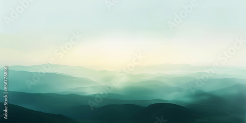 Abstract landscape with soft green tones, depicting serene mountain ranges under a hazy sky