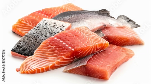 Fresh fish fillets- salmon, trout, and steak- are displayed on a white background. The images are sharp and show the full detail of the fish, including the scales, fins, and flesh
