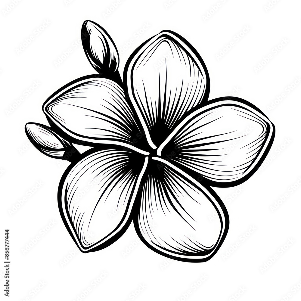 Frangipani and plumeria tropical flower. Hand drawn line art frangipani isolated in white background. Outline vector illustration.Tropical decorative exotic flowers, blooming Frangipani and plumeria tropical flower. Hand drawn line art frangipani isolated in white background. Outline vector illustration.Tropical decorative exotic flowers, blooming