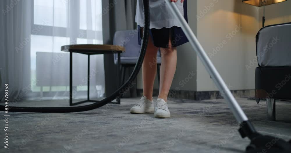 Foreign Female Employee Cleaning Hotel Room, View On Vacuum Cleaner And Legs Of Professional Maid Foreign Female Employee Cleaning Hotel Room, View On Vacuum Cleaner And Legs Of Professional Maid