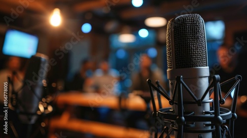 Audio recording session for a live podcast with hosts speaking into studio microphones capturing digital media content for broadcast streaming or other media production purposes
