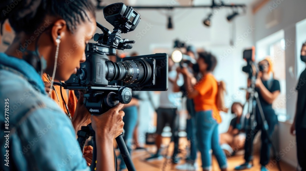 Video Content Creators Broadcasting Live from a Modern Production Studio with Professional Filming Equipment and Technology for Social Media Interaction and Marketing Video Content Creators Broadcasting Live from a Modern Production Studio with Professional Filming Equipment and Technology for Social Media Interaction and Marketing