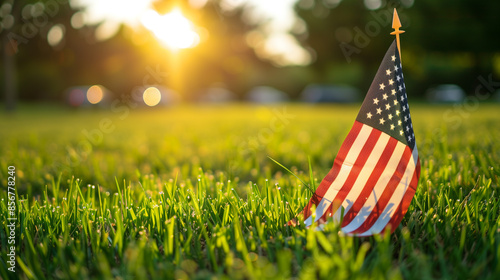 Memorial Day Remembrance - American Flag on Grass for Patriotic Tribute and Honour