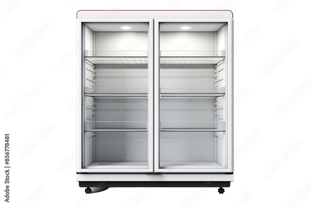 Empty White Double-Door Commercial Refrigerator Ready for Stocking on a Clear PNG or White Background. Empty White Double-Door Commercial Refrigerator Ready for Stocking on a Clear PNG or White Background.