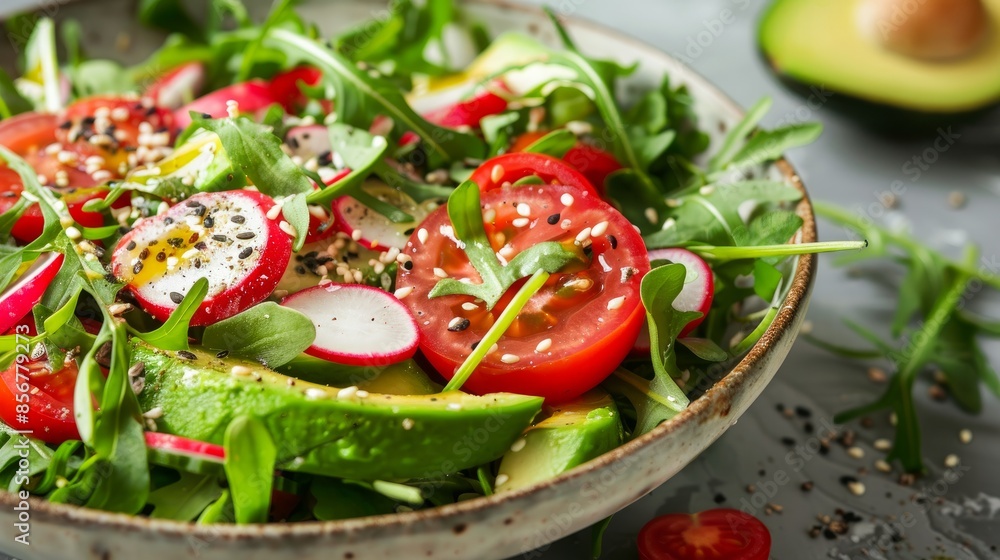 Healthy salad with fresh veggies like tomatoes, avocado, arugula, radish, and seeds in a bowl. It's a vegan dish Healthy salad with fresh veggies like tomatoes, avocado, arugula, radish, and seeds in a bowl. It's a vegan dish