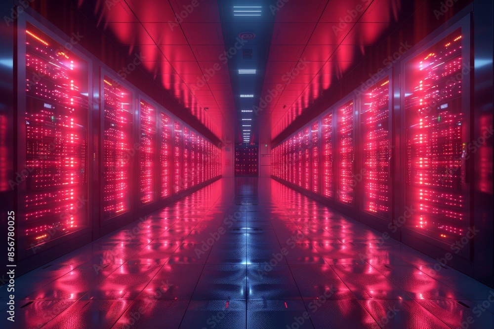 This image showcases a modern, high-tech data center with glowing red lights and server racks, giving a feel of futuristic tech This image showcases a modern, high-tech data center with glowing red lights and server racks, giving a feel of futuristic tech